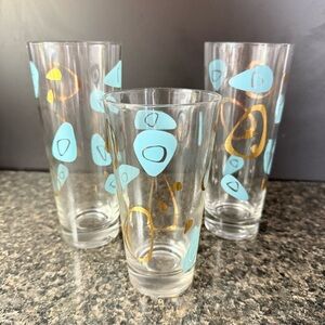 Vintage Atomic Glass Tumblers with turqiuise and Gold Design